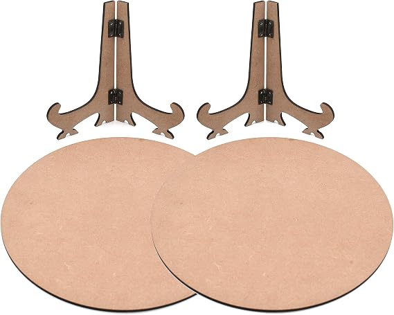 IVEI Round Plate with Foldable Stand - Set of 2- MDF Plain Round Art Board with Stand for Painting Wooden Sheet Craft - for Decoupage MDF Plains, Resin Art Work & Decoration (Round)