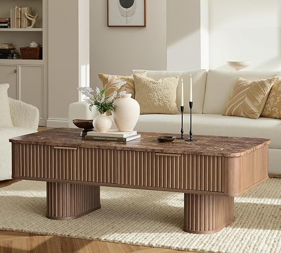 Win2win Fluted Coffee Table with Storage, Mid Century Modern Coffee Table with Faux Marble Top, Minimalist Rectangle Center Table with Sculptural Pedestal Legs & Drawers for Living Room/Office, Walnut
