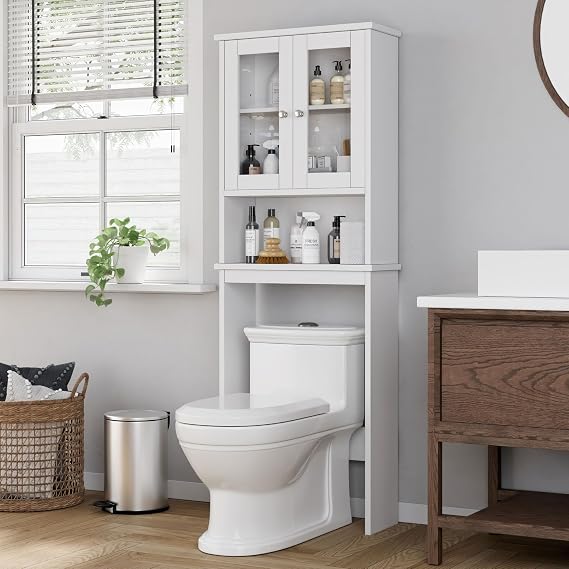 Shintenchi Over the Toilet Storage Cabinet, Bathroom Shelf Organizer with Anti-Tip Device Small Freestanding Space Saver with Adjustable Shelf and Glass Door, White