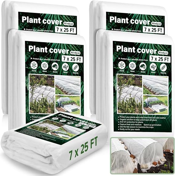 Windyun 4 Pack Plant Covers Freeze Protection Frost Cloth Thick Blankets Floating Row Cover Plant Cover for Winter Cold Weather Outdoor Garden Plants Frost Snow Protection(7 x 25 ft,White)