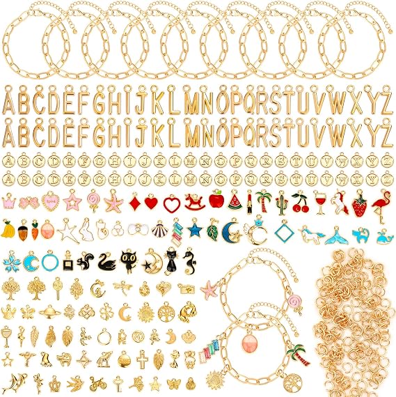 Flasoo 416 Pieces Gold Charm Bracelet Making Kit, Including Paperclip Chain Bracelets, Charms, Jump Rings for Jewelry Making