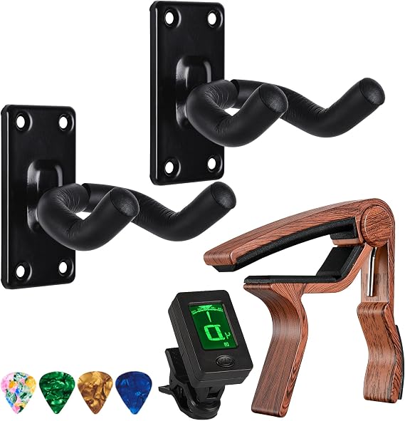Guitar Hanger 2 Pack Guitar Wall Mount Hangers for Electric Acoustic and Bass Guitars Ukulele Guitar Capo, with Pick Holder Capo and Pick for Acoustic Electric Guitar,Ukulele