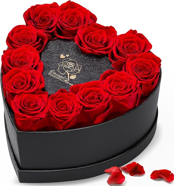 Anthonic 12 Preserved Roses in Heart-Shaped Box - Eternal Love Gift, Long-Lasting Roses for Her - Forever Flowers - Ideal for Valentine's Day, Anniversaries, Mother's Day - Elegant Display Box