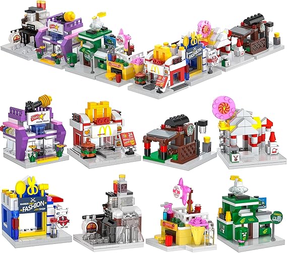 8 Packs Mini City Shop Street View Building Blocks Kit,MOC Construction Creative Educational Kit with Hair Salon & Cafe Store,Girls Boys Dream Toy Set,Christmas Birthday Party Favors for Kids
