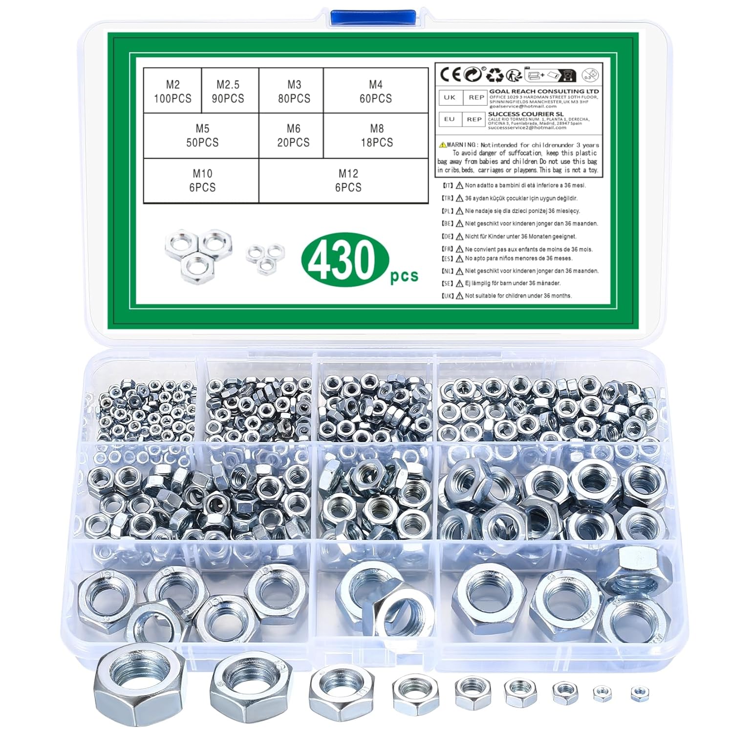 430 Pcs Hex Nuts Assortment Set, Self-Locking Nuts Set, Lock Nut, Carbon Steel Locknuts for Screws, Thread Hexagon Nut for Bolts, Anti-Loose Insert Nutss, M2 M2.5 M3 M4 M5 M6 M8 M10 M12