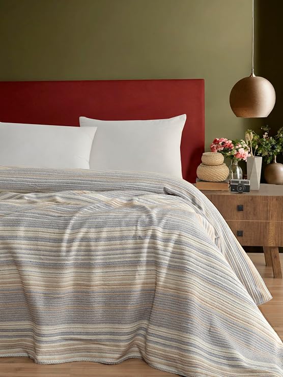Pamuklu 4 Mevsim Çift Kişilik Battaniye, 180x220 cm,%70 Pamuk%30 Polyester (gri)
