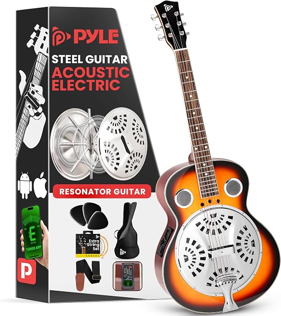 Pyle Electro Resophonic Acoustic Electric Guitar Set, Full Size Round Neck Traditional Resonator, Built-in Pre Amplifier, White