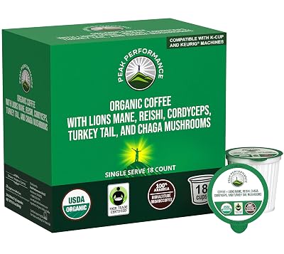 Organic Mushroom Coffee Pods with Lions Mane, Reishi, Cordyceps, Turkey Tail, and Chaga Mushrooms. High Altitude, Low Acid, Smooth Tasting, Fair Trade, Instant Nootropic Coffee Medium Roast Ground