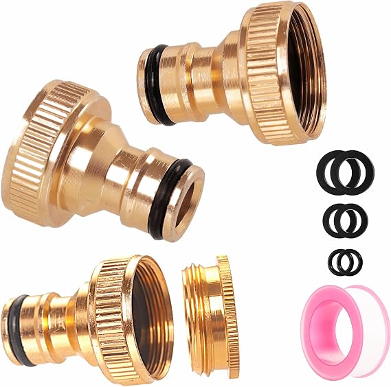 ZSYIULIA Brass Garden Hose Tap Connector,2pcs 3/4 inch Brass Female Threaded Tap Connector for Hose Pipe,1pcs 1/2 Inch&3/4 Inch 2-in-1 Female Threaded Faucet Adapter Hosepipe Fittings