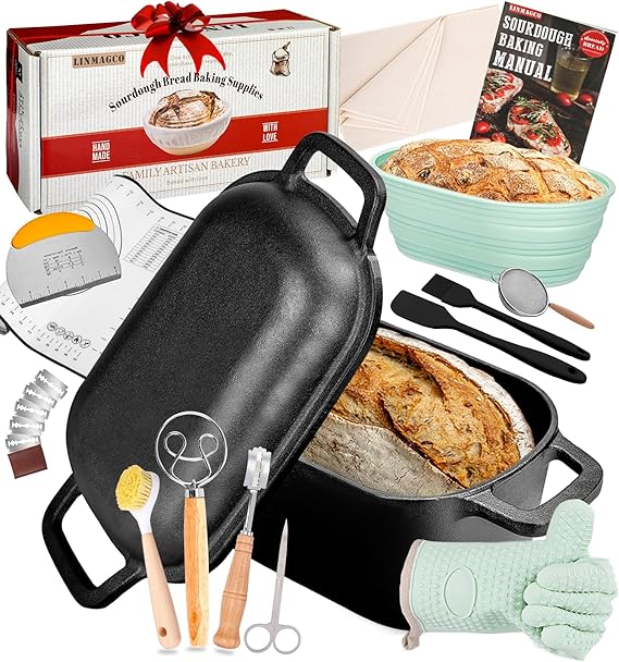 Dutch Oven for Bread Baking-3.4L Oval Cast Iron Pot Bread Pan with Lid-Sourdough Bread Baking Supplies Starter Kit