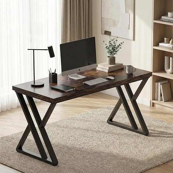 Lailang 55 Inch Computer Desk, Simple Modern Study Table, Office Desk with Metal Legs, Rustic Wood Writing Desk, Work Desk for Home Office, Large PC Desk, 55 x 24 x 30 Inch, Rustic Brown
