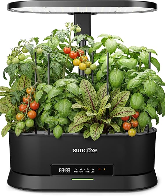 SUNCOZE Hydroponics Growing System Kit with Split Tank, Dimmable 36W Full Spectrum LED Grow Light, 12 Pods Indoor Herb Garden with Timer & Clock Smart Pane, 21.65 Inch Height Adjustable Herb Garden