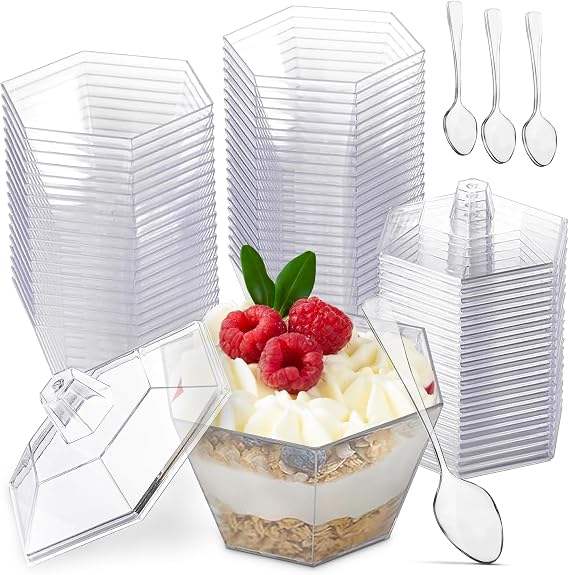 Hexagonal Mini Bowl-Lids & Spoons Included- 3.3 ounce -40 Count -Clear Plastic - Six Sided - Flower Cup-Dessert Cup- Serving -Snack Bowl-Disposable or Reusable