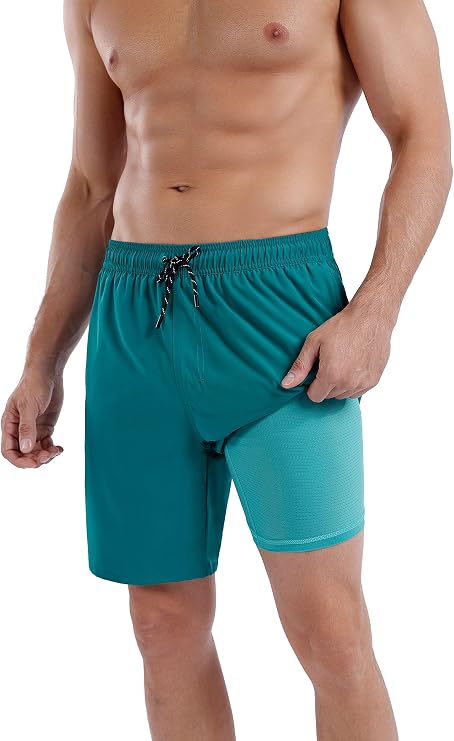 MILANKERR Men Swim Trunks 7" Swim Shorts Bathing Suit with Compression Liner Stretch No Chafed 18-21" Length