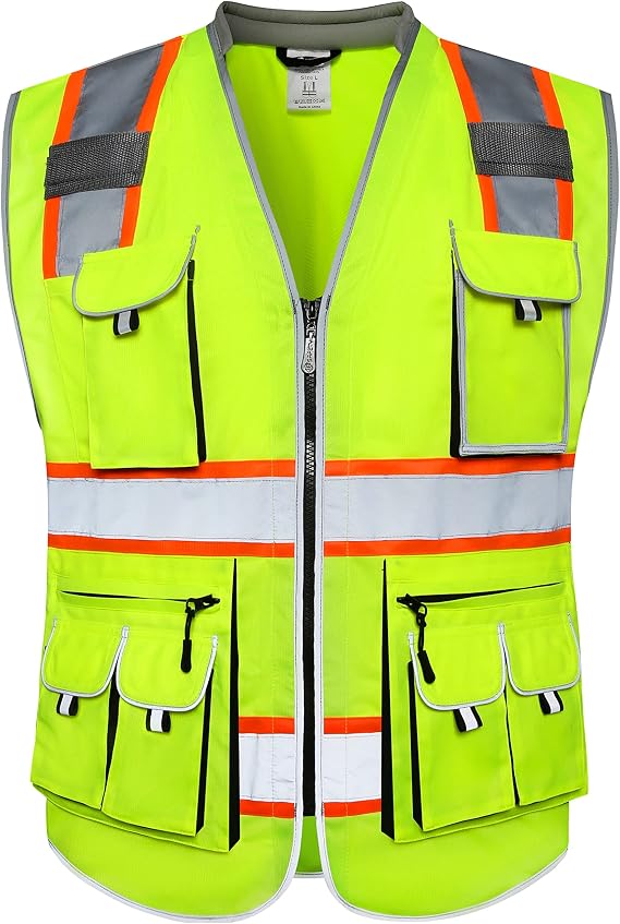 JKSafety Reflective Safety Vest for Men Cushioned Collar JK89 Yellow M | 10 Pockets, 4 Reflective Strips with Neon Trim, Cushioned Collar, Lightweight, ANSI Class 2 for Work & Outdoor Activities