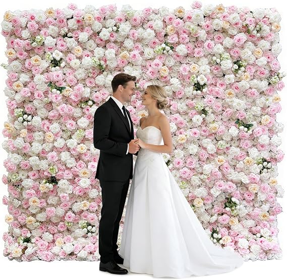Artificial Flower Wall Backdrop, 88 Ft Floral Backdrop, Quick-Assembly Storage Flower Wall, 5D Silk Rose Panels, for Wedding, Party and Home Decor, Reusable Floral Decor (Pink,Without Stand)