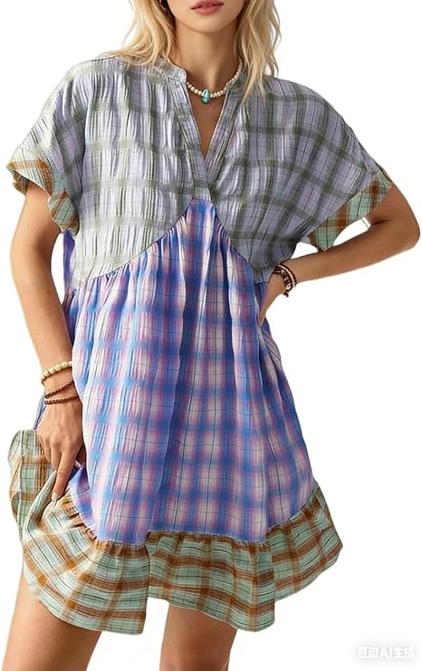 Women Boho Floral Babydoll Mini Dress Y2k Puff Sleeve Ruffle Flowy Short Dress Cute Summer V Neck Patchwork Dresses
