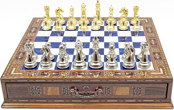GrandGiftStore Handmade Chess Set with Drawer And Gold-Silver Chess Pieces, Wooden Chess Board with Storage, Premium Chess Set/Blue