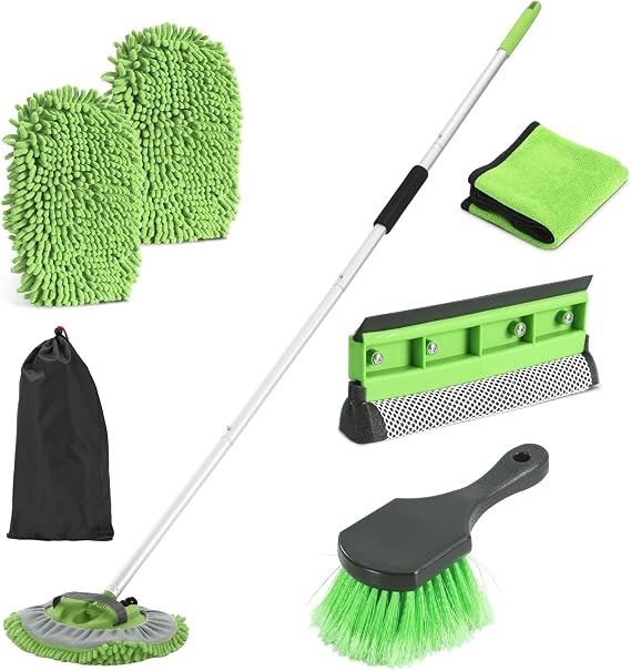 Car Wash Brush with Long Handle, 62'' Car Wash Mop, 7Pcs Chenille Microfiber Cars Washing Kit with Window Squeegee/Microfiber Towels /Wheel Brush for Cars RV Truck Boat Floor Window, Green