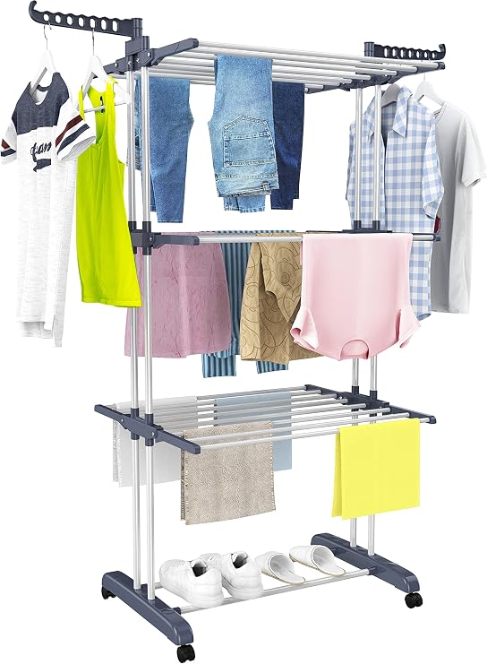 HOMIDEC Clothes Drying Rack, 4-Tier(67.7" H) Foldable Drying Rack Clothing | Foldable Stainless Steel Drying Rack, Movable Laundry Drying Rack with 4 Castors and 14 Hooks for Bed Linen, Clothing, Grey