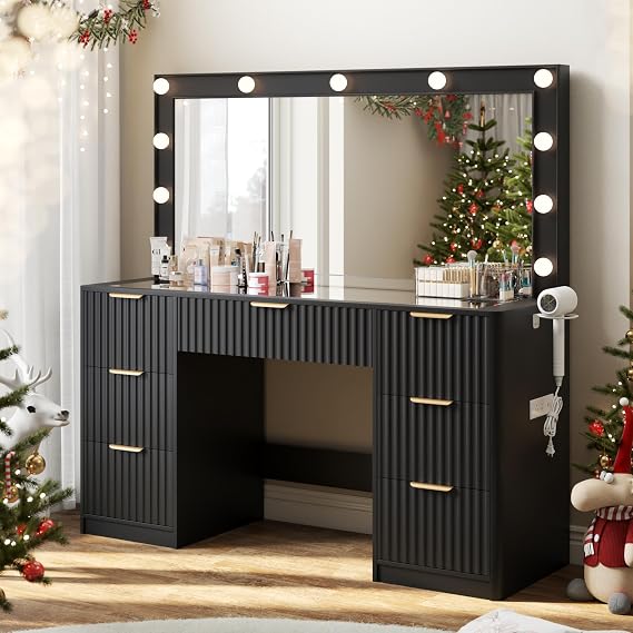 LUXOAK 47" Makeup Vanity Desk with Large Mirror & LED Lights, Black