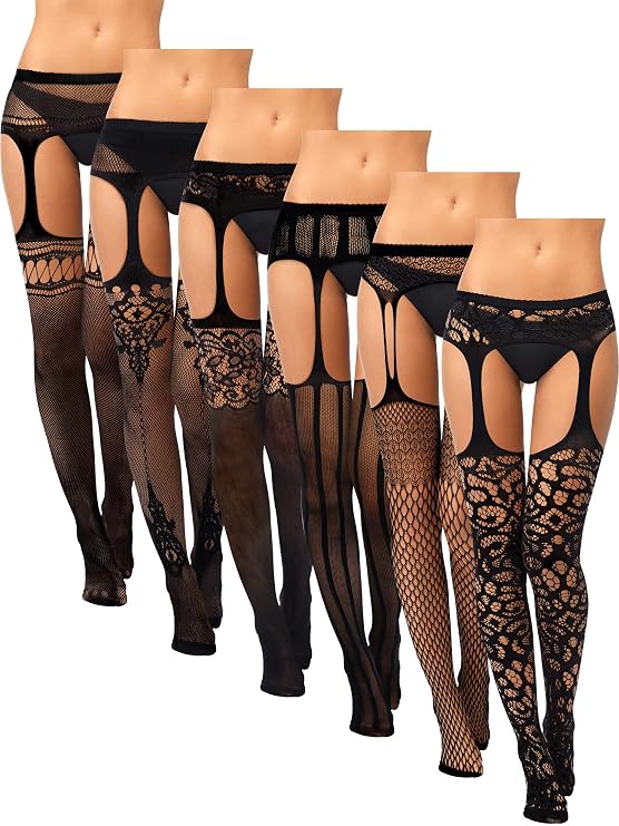 Skylety 6 Pairs Fishnet Stockings for Women Plus Size Thigh-high Tights Stockings Suspender Pantyhose Garter Belts