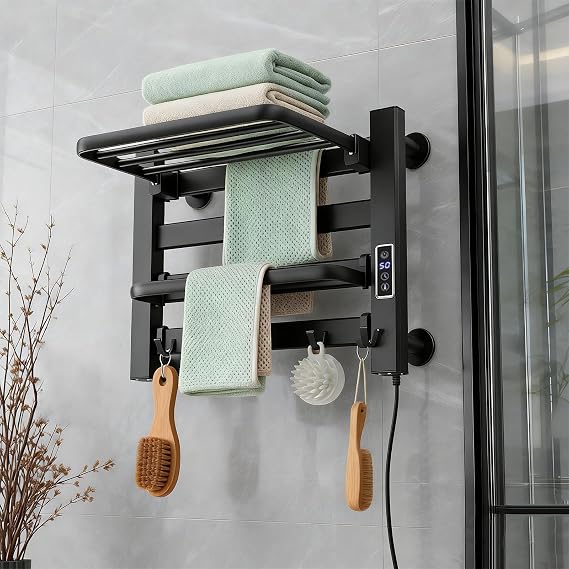 Towel Warmer Rack, Space Aluminum Electric Heated Towel Racks for Bathroom, 4 Bars Wall Mounted Bath Towel Heater with Built-in Timer&Temperature Adjustment, Plug-in, Matte Black
