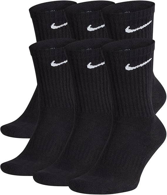 NIKE Unisex Performance Cushion Crew Socks with Band (6 Pairs), Black/White, Large