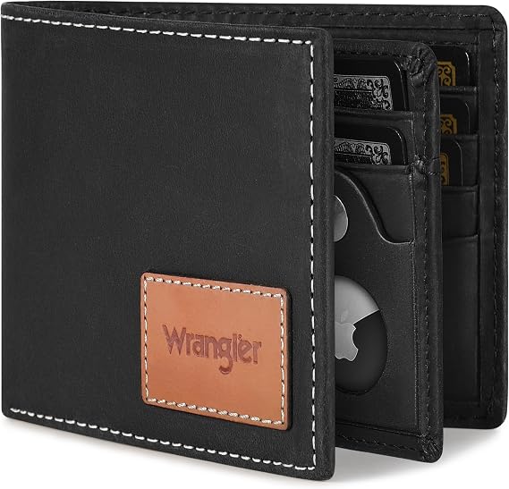 Wrangler Men's Wallet with AirTag Holder, Genuine Leather Bifold Wallet | RFID Blocking Protection, Slim Design Fits Front or Back Pocket, Holds 10-20 Cards, Ideal Gift for Father's Day & Birthday