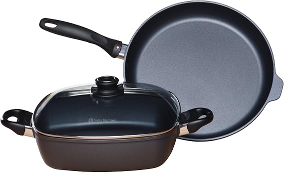 Swiss Diamond 3-Piece Set: 12.5" Fry Pan & 11" x 11" Square Casserole, HD Nonstick Diamond Coated Aluminum, PFOA Free, Dishwasher & Oven Safe, Gray