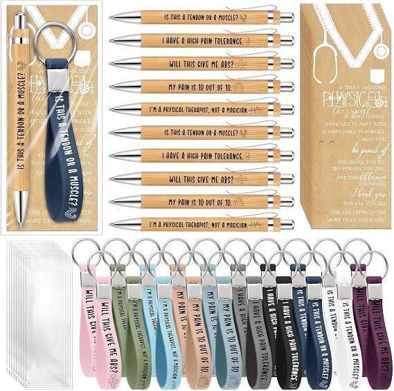 Jetec 30 Sets Physical Therapy Gifts Bulk PT Appreciation Set with Inspirational Bamboo Pens Cards and Keychains for Physical Therapist Nurse Practitioner Healthcare Workers
