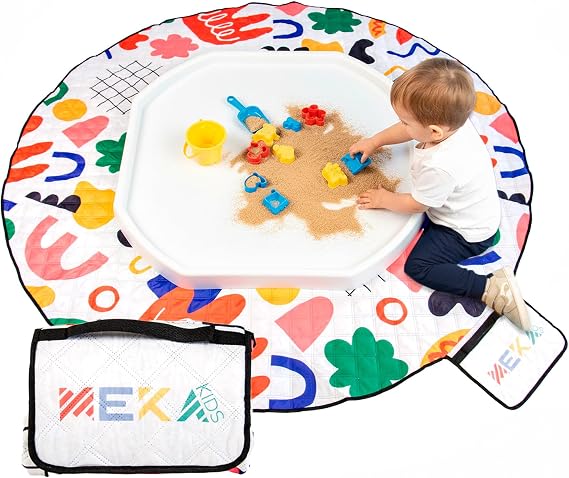 MEKA Tuff Tray Large 38"x38" White + Waterproof Sensory Mat 67" White, Activity Tray with playmat for Kids Creative, Messy, Everyday Fun, Children and Toddlers Stuff, Outdoor and Indoor