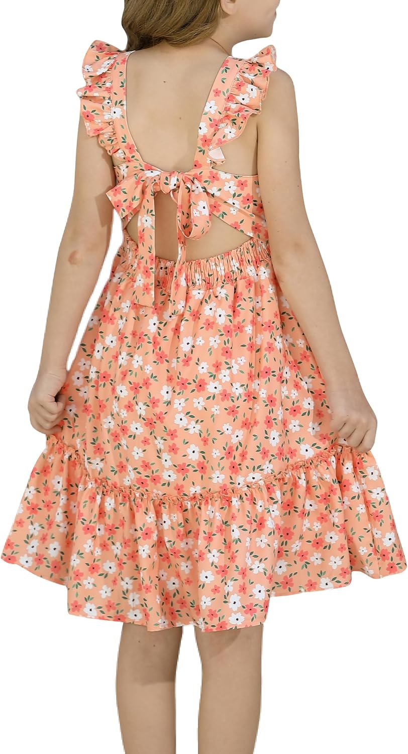 Girls Floral Dress Tie Back Flutter Sleeves Dresses Summer Casual A-Line Dress for 5-12Y