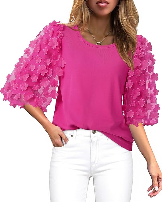 Women Blouses Summe Casual Crew Neck Cotton Tshirts 3/4 Puff Sleeve with Mesh Appliques Fall Tops Goingout