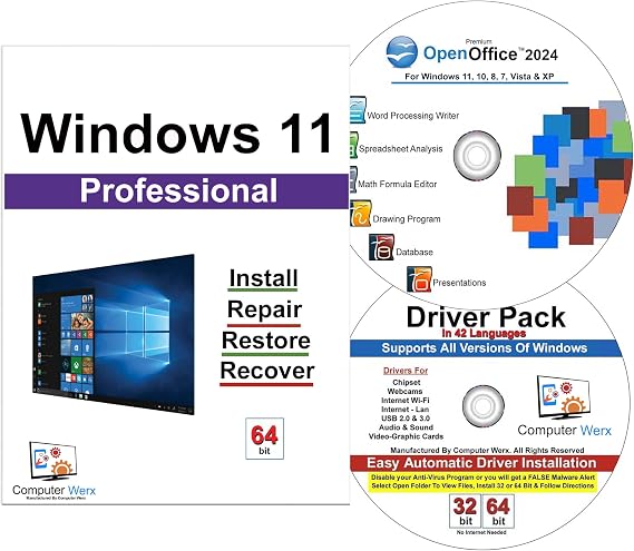 Computer Werx Compatible with/Replacement for Windows 11 Professional 64 Bit Install DVD with key, Repair, Recover & Restore DVD plus Open Office 2024 & Drivers pack DVD. 3 Pack