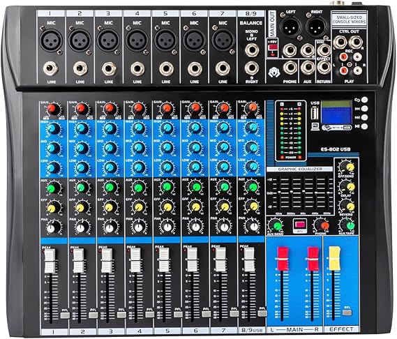 8 Channel DJ Digital Audio Mixer Live Studio Audio Sound Mixer Console Professional Sound Mixing Console for Home KTV Conferences Bars Stage Performances