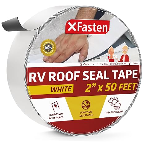 XFasten RV Roof Repair Tape White, 2 Inch x 50 Feet, Waterproof Mess-Free Sealant Tape for Camper Roof, RV Rubber Patch, Trailer, Vent, Skylight, and Boat Sealing Super Strong UV-Resistant Adhesion