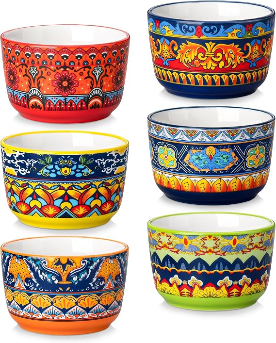 vancasso Ramekins 6 oz Oven Safe, Bohemian Style Creme Brulee Ramekin Set of 6, Porcelain Souffle Dishes Pudding Custard Cups for Baking Ramiken Bowls for Ice Cream