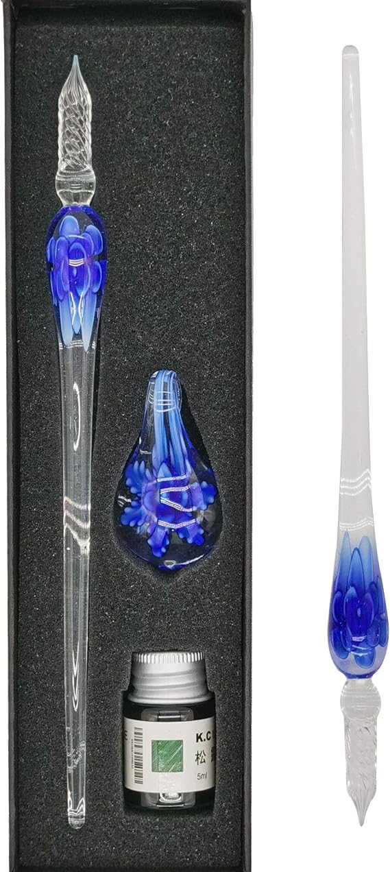 iLink Glass Pen Glass Dip Pen Set with Ink, Glass Calligraphy Pen with Holder, Crystal Fountain Pens for Art, Writing, Signatures, Decoration and Business Gift(Blue flower)