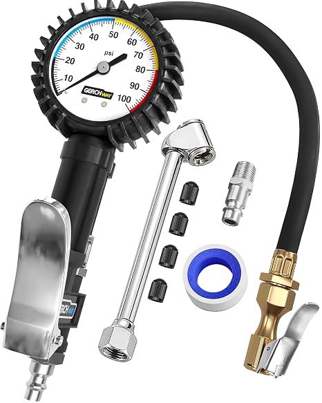 Tire Inflator with Pressure Gauge and Longer Hose - Most Accurate, Heavy Duty Air Chuck with Gauge for Air Compressor Tire Inflator Attachment - 100PSI