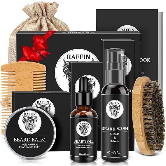RAFFIN Beard Kit w/Beard Oil, Beard Balm, Beard Brush, Beard Comb, Beard Wash/Shampoo for Men's Self-care, Christmas & Stocking Stuffers for Adult Men, Birthday Gifts for Him Husband Boyfriend Dad