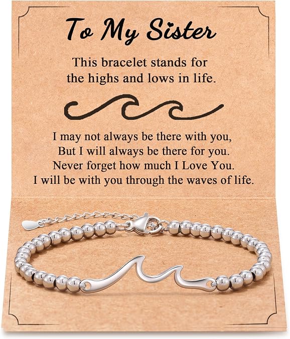 Tarsus Sister Gift for Women, The Wave of Life We've Been Through Together | Big & Little Sister Gift, For Birthday & Christmas & Mothers Day, Lobster Clasp, 6.5" + 2"