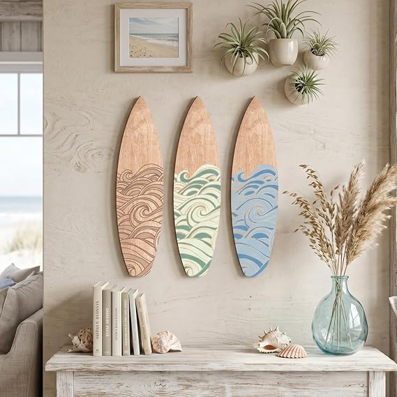 RattanView 3 Pcs Surfboard Wall Art Decor Mixed Color, 11.81" x 3.35" | Mini Wooden Surf Decor with Wave Carving, Beach Coastal Theme for Bedroom Living Room Tropical Wall Hanging
