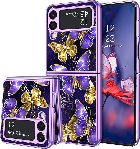 DUEDUE Design for Samsung Galaxy Z Flip 3 Case, Glow in The Dark Purple Butterfly Slim Cover Hybrid Hard PC Cover Anti Slip Shockproof Full Protective Phone Case for Galaxy Z Flip 3 5G, Purple