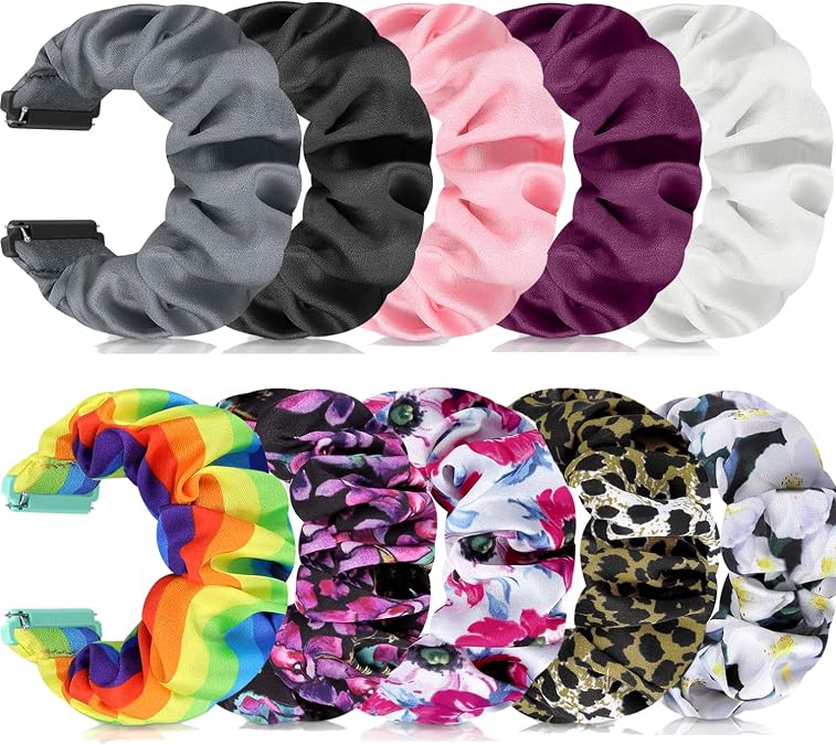 10 Pack Scrunchie Bands Compatible With Fitbit Versa/Versa 2/Lite Special Edition - Women's Elastic Stretch Fabric Strap Pattern Printed Scrunchy Replacement Bracelet Wristband