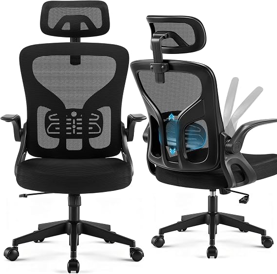 Office Chair Ergonomic Desk Chair with Adjustable Headrest Lumbar Support, High Back Breathable Mesh Chair with 120 Tilt & Flip-Up Armrests, Swivel Comfy Task Computer Chair for Work, Study