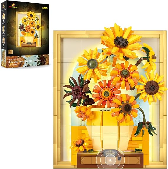 JMBricklayer Sunflower Flower Building Block Set with Light 70004, Van Gogh Wall Art Craft, Sunflower Model Assembly Toy, Plant Picture Frame for Room Home Office Interior Decoration, Artificial