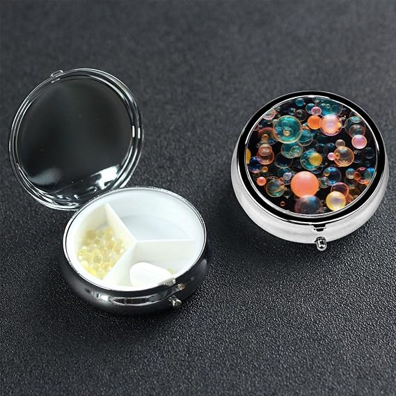 Soap Bubbles Pill Case Portable Metal Pill Box 3 Compartment Pill Organizer Cute Travel Pill Container Vitamin Organizer for Purse Pocket Travel Gift
