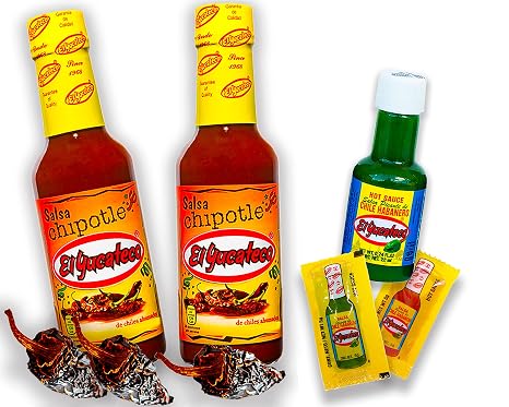El Yucateco Hot Sauce Set (Caribbean Chipotle and Jalapeno) (Set of 2 Chipotle Salsa + Mini Bottle)