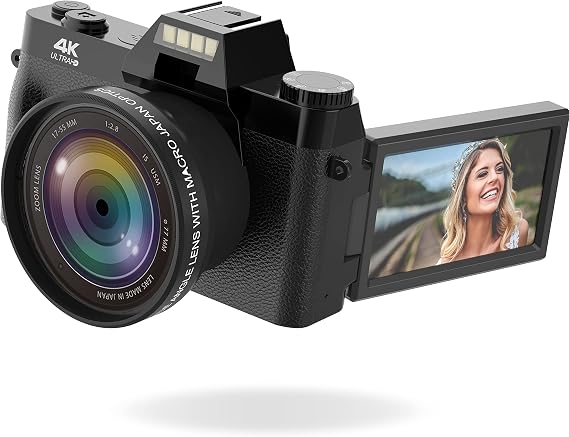 Vlogging Camera, 4K Digital Camera for YouTube with WiFi, 16X Digital Zoom, 180 Degree Flip Screen, Wide Angle Lens, Macro Lens, 2 Batteries and 32GB TF Card TopCamA02